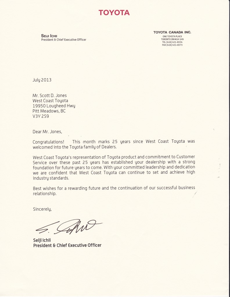 Letter From Toyota